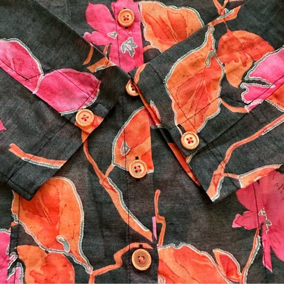 Toni Morgan Blouse Top Black Pink Orange Floral 3/4 Sleeve Button Front Large - Picture 10 of 11